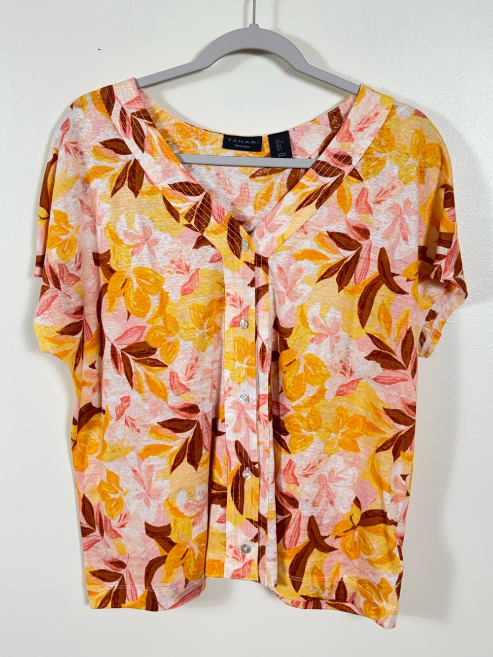 Tahari 100% Linen Blouse Top Large Beach Coastal Euro Summer Bohemian
